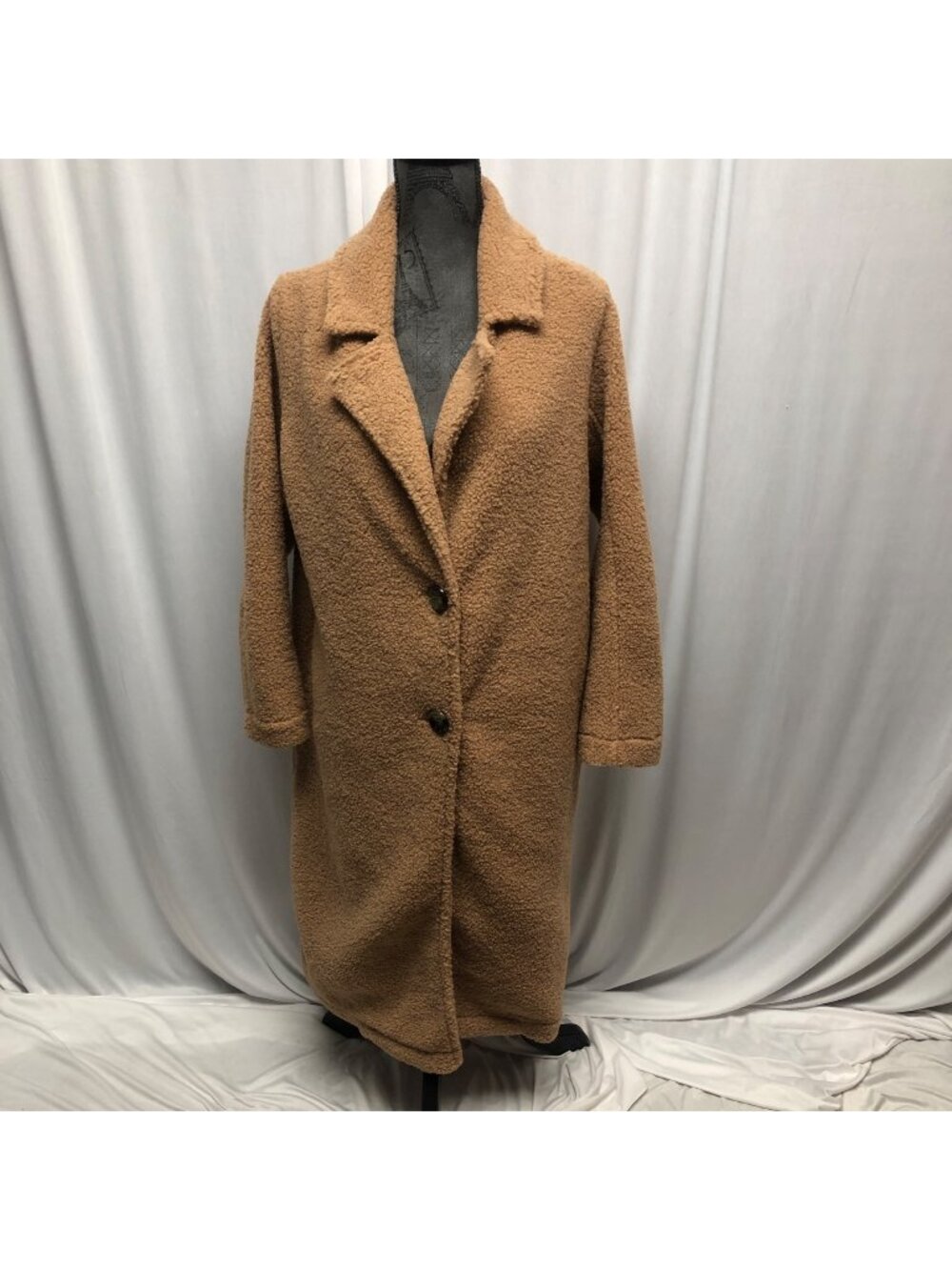She and Sky Faux Fur Teddy Coat Womens Size Medium Camel Longline Two Button